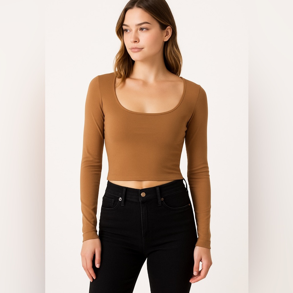 SKIMS Plus Size 2X T Shirt Scoop Neck Long Sleeve Crop Brown Cotton Spandex